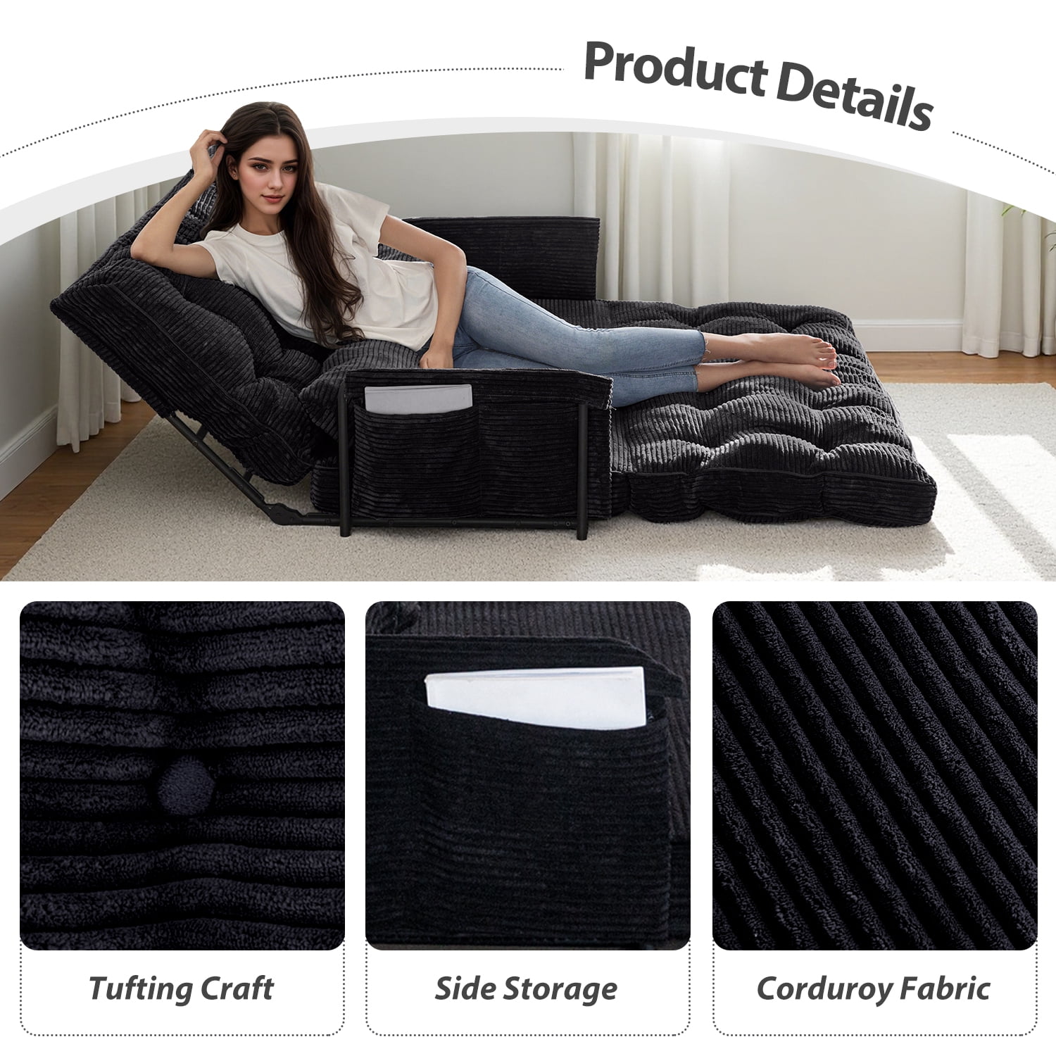 GOODONE Convertible Floor Sofa,Bean Bag Sofa with Pillows,Multifunctional Lazy Sofa with Pillows,Adult Reading Chair,Suitable for Bedroom or Living Room,Black,Loveseat