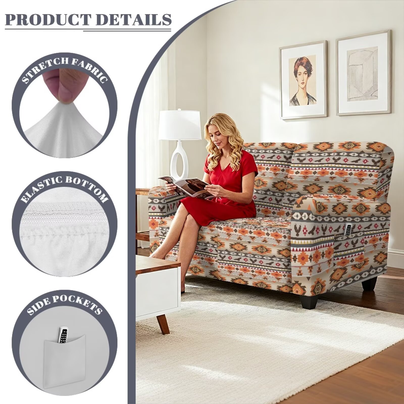 Yuyamidu Aztec Loveseat Recliner Covers 2 Seater Washable Reclining Sofa Covers for Livving Room Soft Recliner Slipcovers with Elastic Edge Gift for Friends