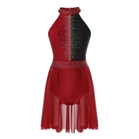 Aislor Women's Glittery Rhinestone Lyrical Dance Costume Ballet Leotard Modern Contemporary Dancewear Burgundy L