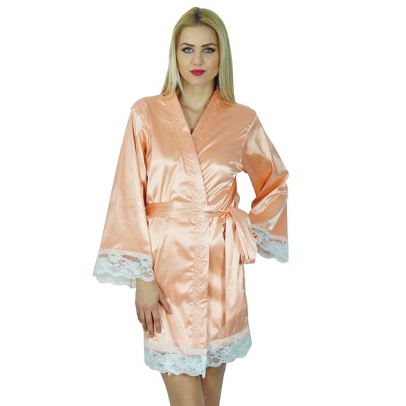 Bimba Women Kimono Sleeve Satin Short Robe Getting Ready Bride Bridesmaid Lace Robes Coverup