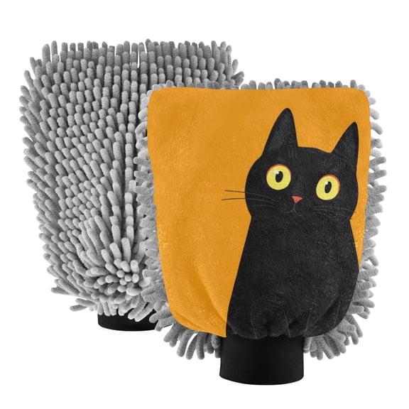 Microfiber Car Wash Gloves With Chenille & Polyester Terry Scratch-Free Cleaning Elastic Cuffs Cute Black Cat