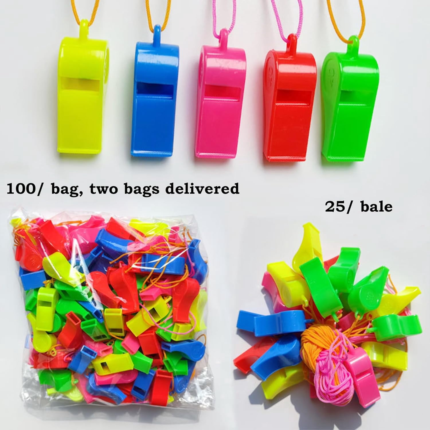 Bulk Whistles for Kids : 200 Plastic Whistles for Adults with Lanyard,Whistle Emergency Survival Loud,Whistles for Coaches Referee and Teachers,Whistles Bulk for Sports Events and Festival Activity