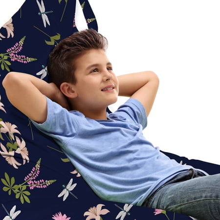 Dragonfly Lounger Chair Bag  Continuous Floral Pattern with Lilies and Lupine Flowers Spring  High Capacity Storage with Handle Container  Lounger Size  Dark Blue and Multicolor  by Ambesonne