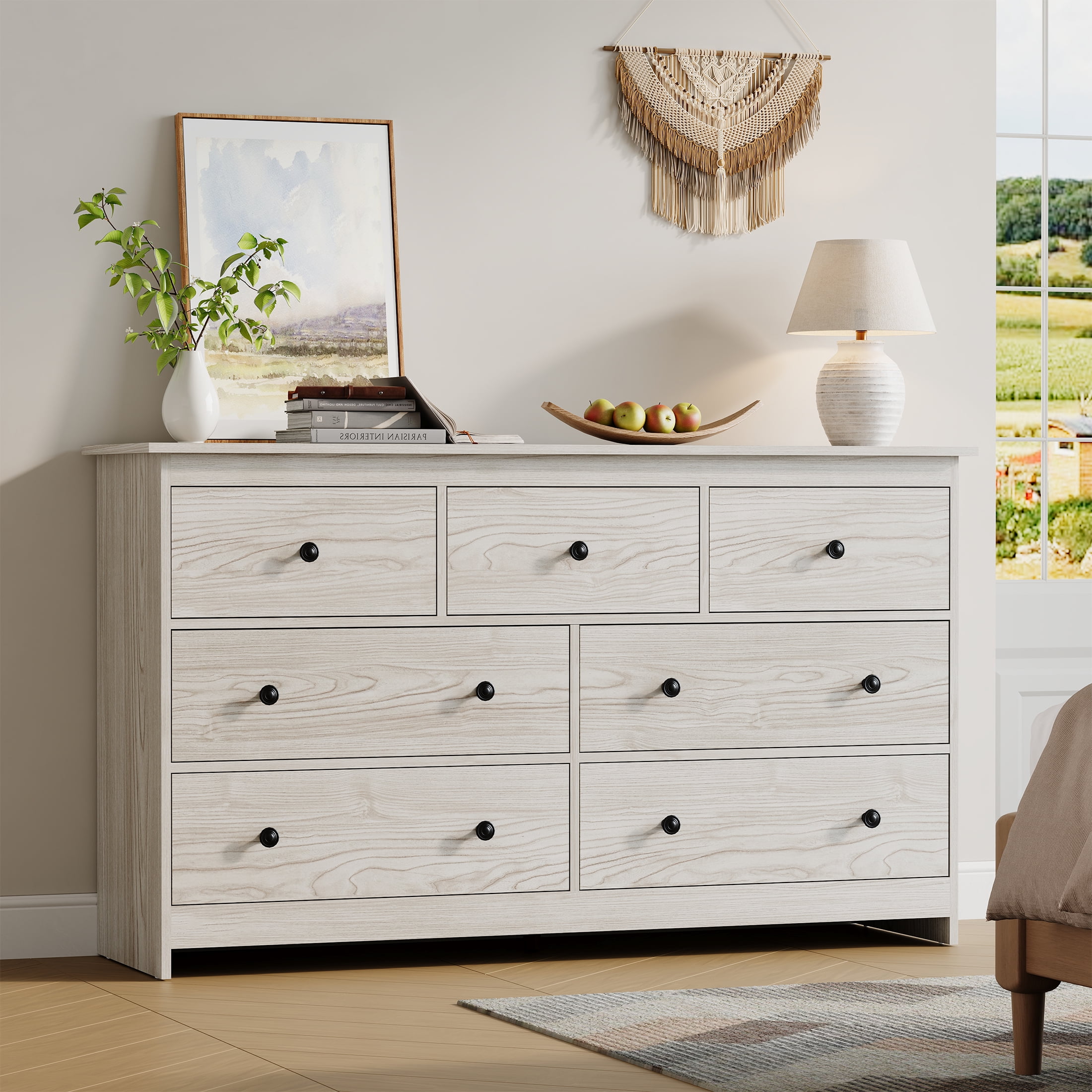 YouTrend 7 Drawer Dresser with Wood Grain, Modern Off-White/Beige Chests of Drawers Wood Adult Storage Cabinet for Bedroom Living Room Hallway