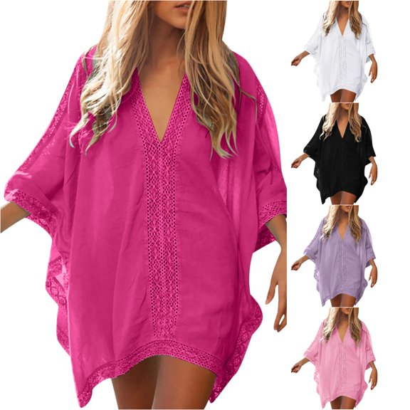 Xiaoxatg Womens Swim Cover Up, Swimwear Cover Ups for Women Beach Clothing Attire by Swimwear Fashion Lightweight Oversized Sheer Kaftan Dress Hot Pink One Size