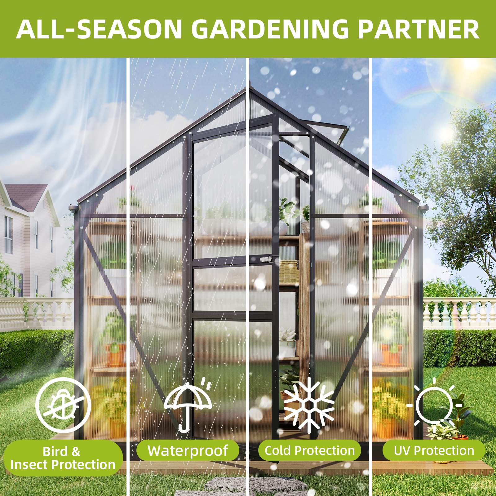Fairy Outdoor Greenhouse 6x4 FT, Polycarbonate Walk-in Green House with Aluminum Frame & Roof Vent for Backyard Plants