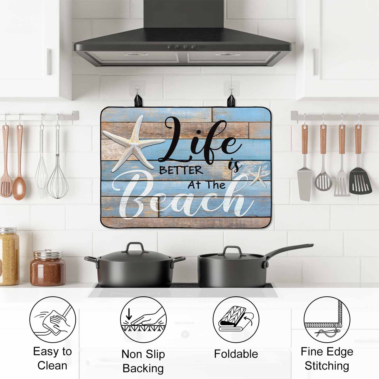 Blue Beach Stove Top Cover for Electric Stove, Heat-proof & Non Slip Glass Top Stove Cover Protector, Coastal Starfish Graffiti Retro Wooden Plank Kitchen Flat Cooktop Rubber Mat 24x21 Inches