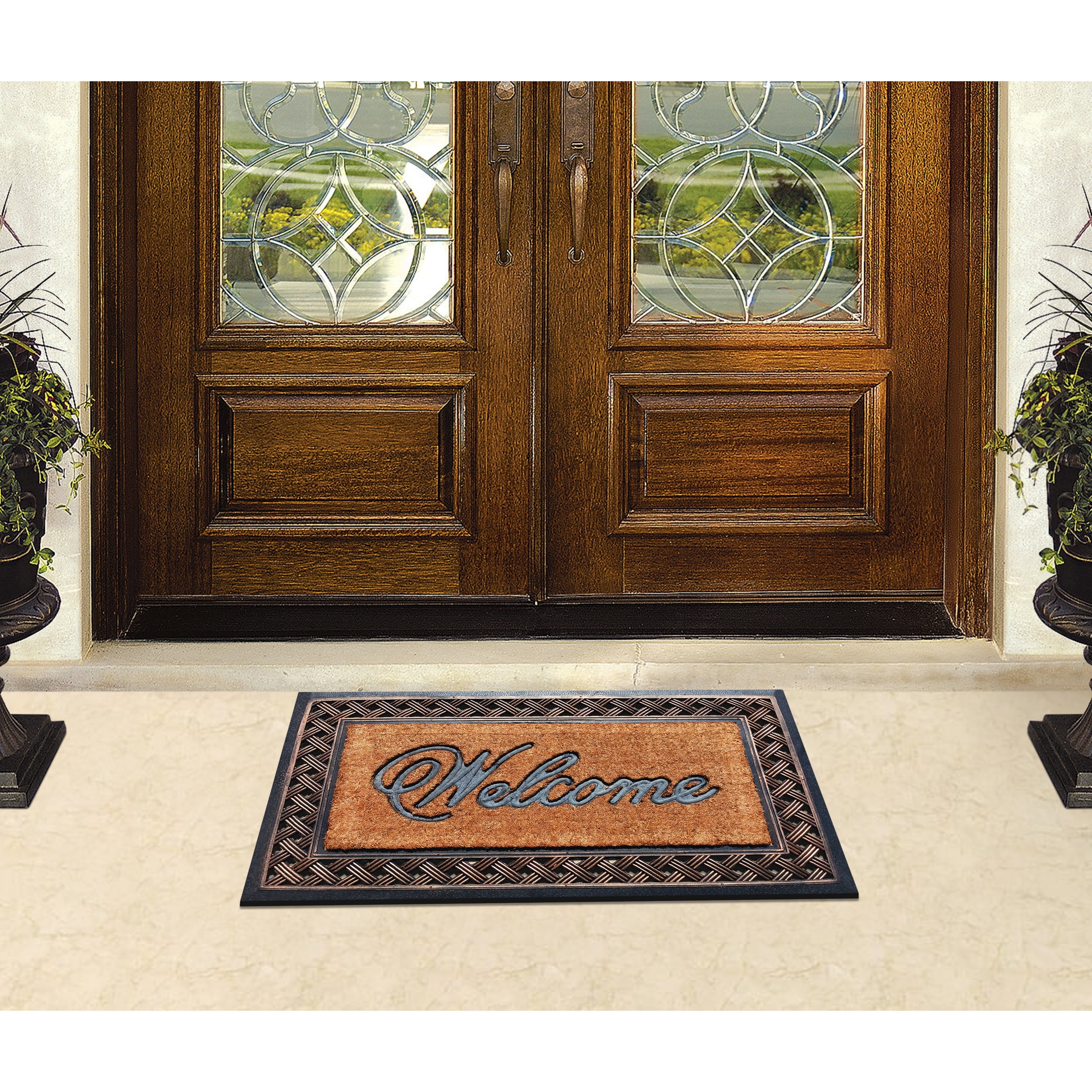 A1 Home Collections 38"×23" Natural Coir & Rubber Doormat - Decorative Welcome Design, Heavy Duty Coconut Fiber Entry Mat with Non-Slip Backing - Anti-Shed Treated, Low Profile Outdoor Front Door Mat