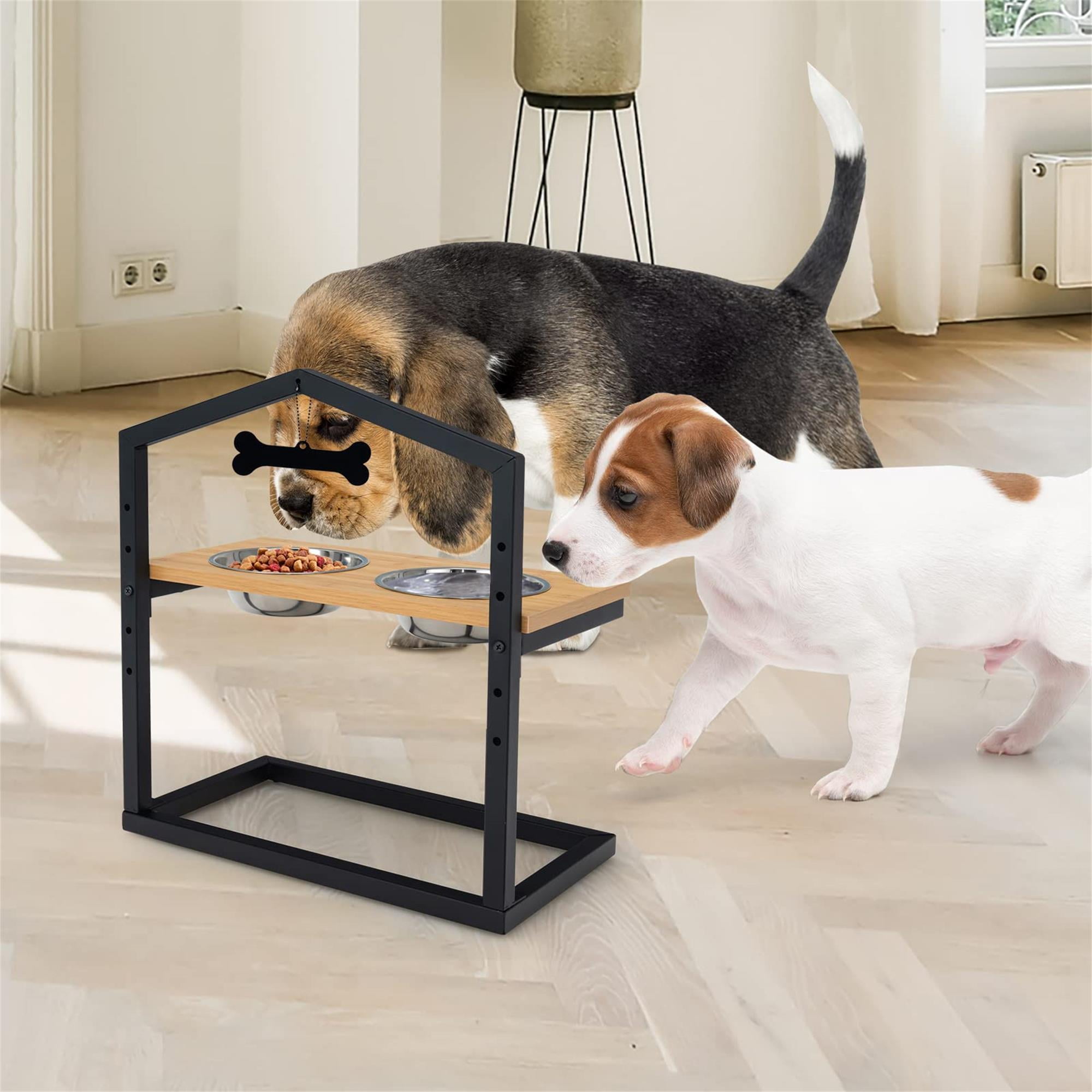 Kadyn 9"-17" Elevated Pet Feeder with 2 Stainless Steel Dog Bowl, Pet Food Bowls for Feeding Small Medium Dogs Cats Puppies, Beige