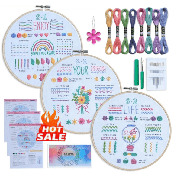 3-Pack Embroidery Kit for Beginners & Adults， Learn Stitches with DIY Stamped Flower Patterns