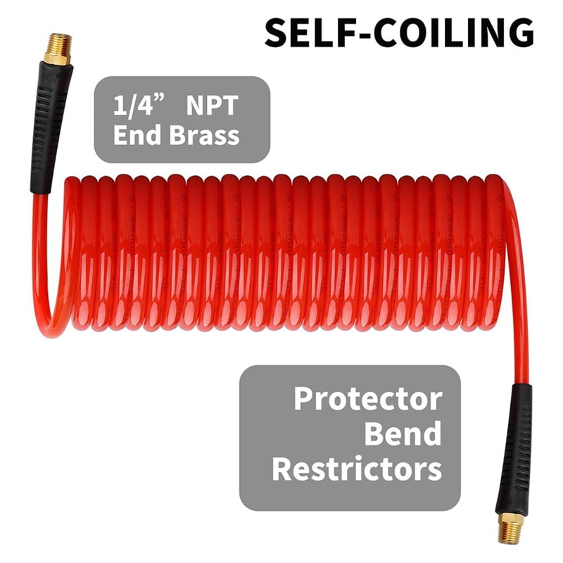 1/4in X 25ft Air Hose with Bend Restrictors Compressor Hose with 1/4in Industrial Universal Quick Coupler & -Plug Kit