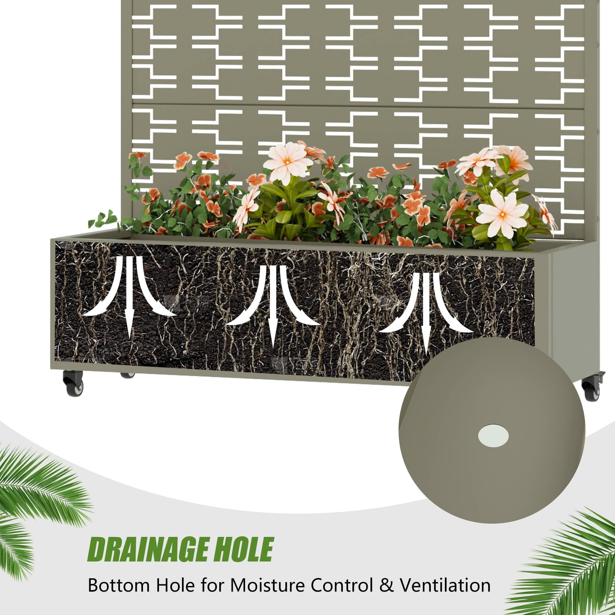 MAYEERTY 72X47" Metal Outdoor Olive Gray Privacy Screen with Planter Box for Backyard & Garden, 5 Piece Set