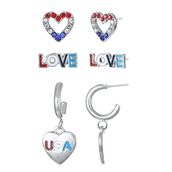 Way to Celebrate Americana Silvertone Hearts Earring Trio, 3 Pairs