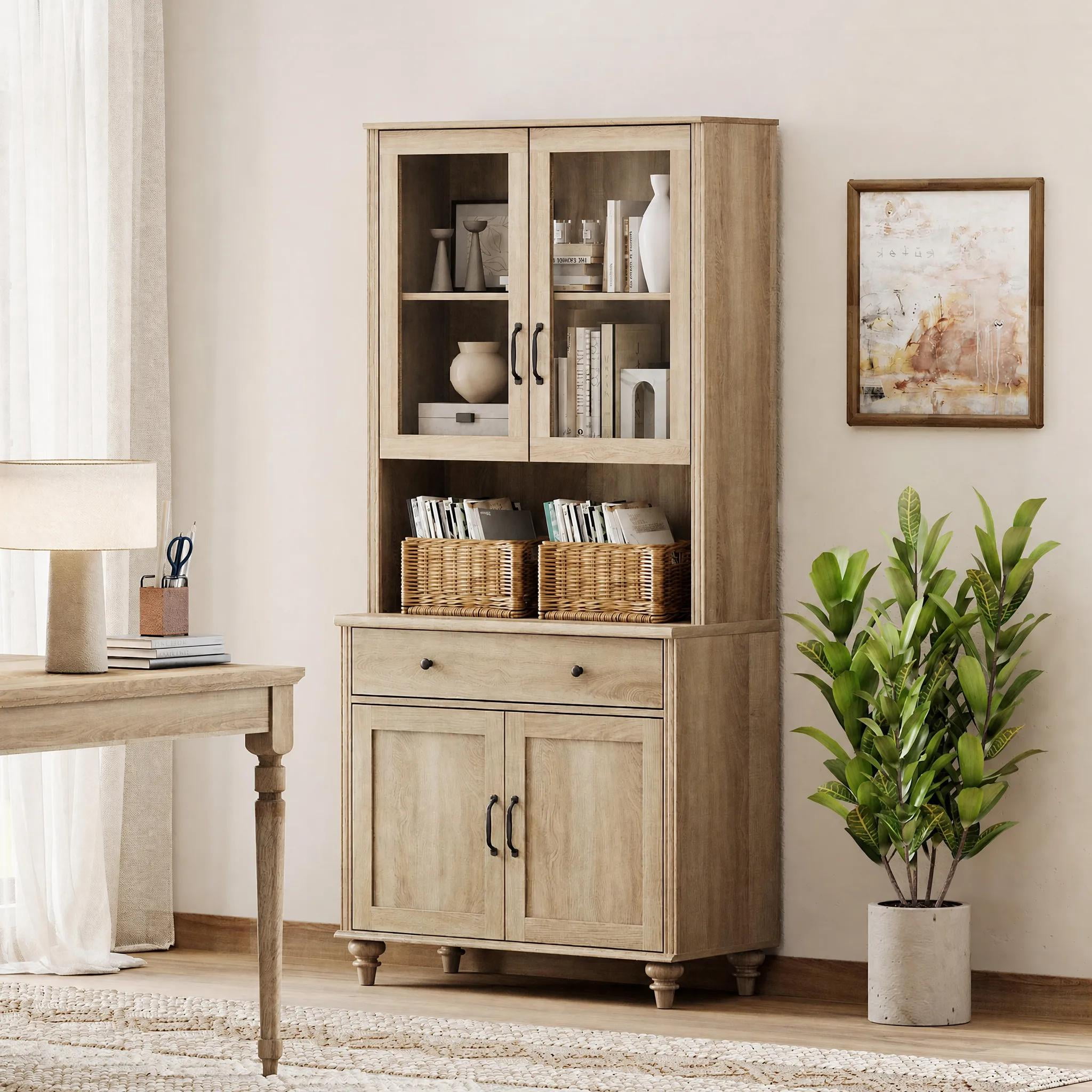 Sideboard Buffet Cabinet with Storage, Large Bookcase, Bookshelf with Storage Cabinet, Farmhouse Library Wooden Bookshelves for Living Room, Office, Study Room, Kitchen, Oak, 72" H