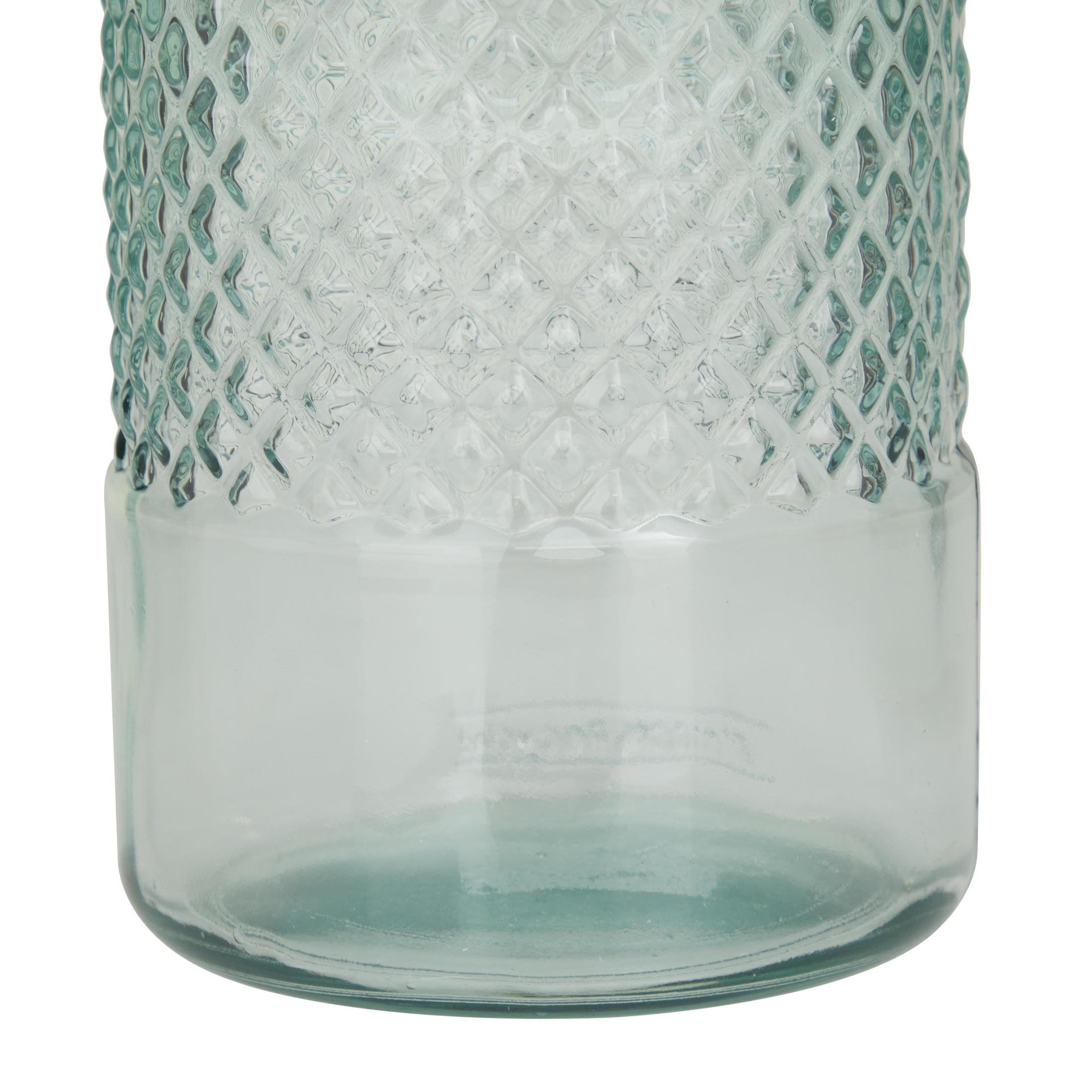 DecMode Teal Recycled Glass Handmade Slim Spanish Decorative Vase with Textured Diamond Pattern, 6" x 6" x 11"