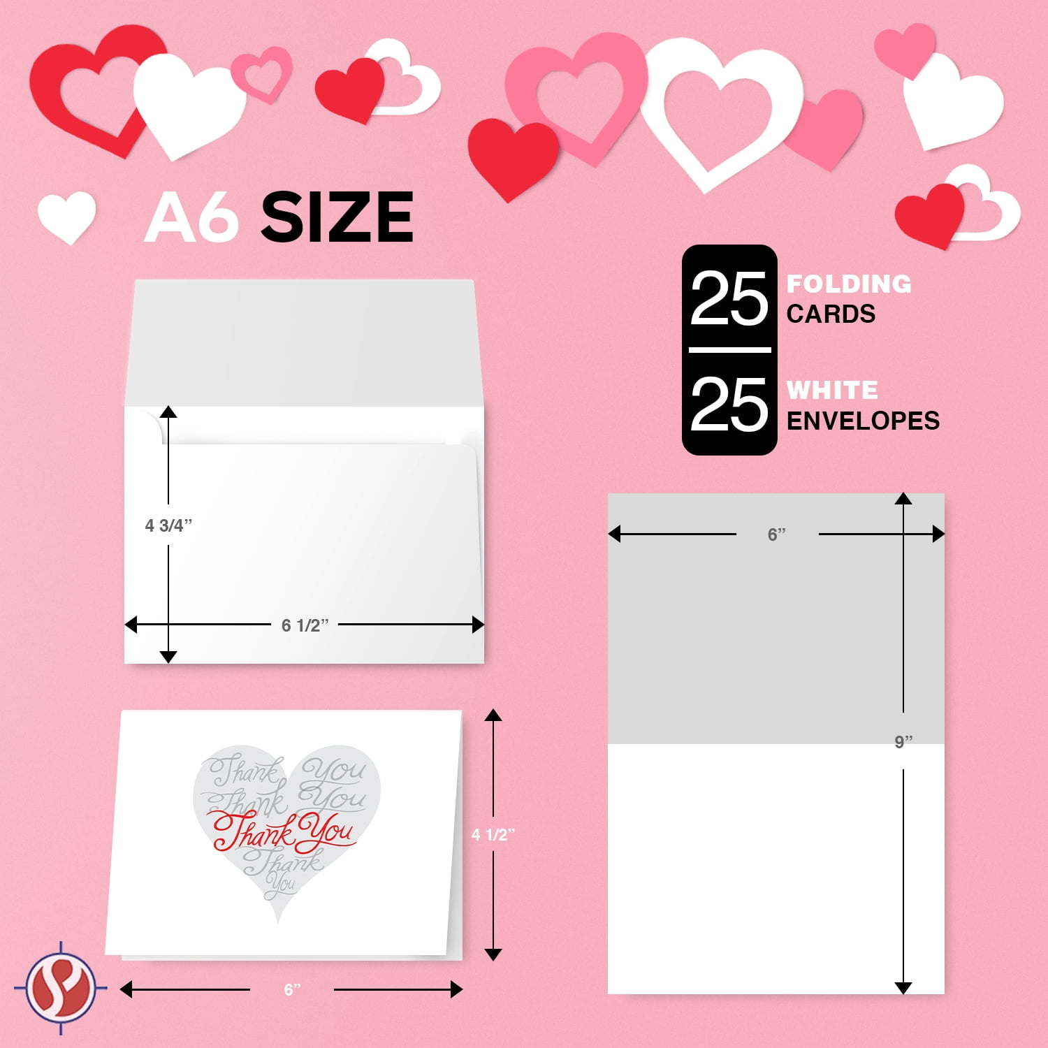 Thank You Greeting Cards and Envelopes, Beautiful and Romantic Love Hearts Valentine’s Day Greetings for Husband, Wife, Boyfriend, or Girlfriend | 4.5” x 6” (A6 Size) | 25 Cards & 25 Envelopes