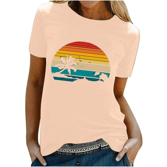 VALMASS Womens Beach Graphic Tops Short Sleeve Crewneck Casual Pullover T-Shirts Fashion Basic Tee Blouses (S, Beige)