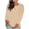 thumbnail image 3 of Sawvnm Women's Fashion Round Neck Solid Loose Long Sleeve T-shirt Pullover Tops Cute Tops for Women Khaki M, 3 of 7