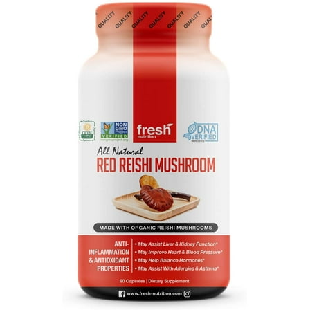 Fresh Nutrition Organic Reishi Mushroom Supplement -Strongest DNA Verified - 90 Caps