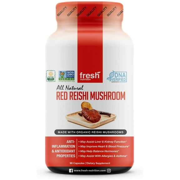 Fresh Nutrition Organic Reishi Mushroom Supplement -Strongest DNA Verified - 90 Caps