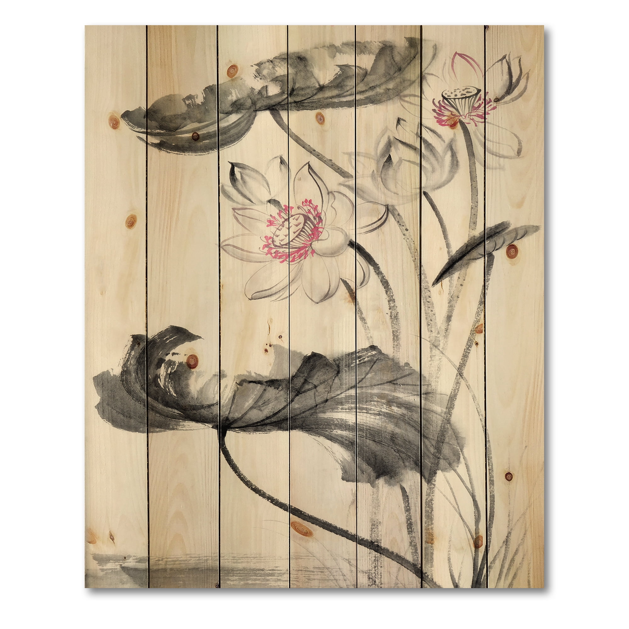 Designart 'Ancient Lotus Flowers' Traditional Print on Natural Pine Wood