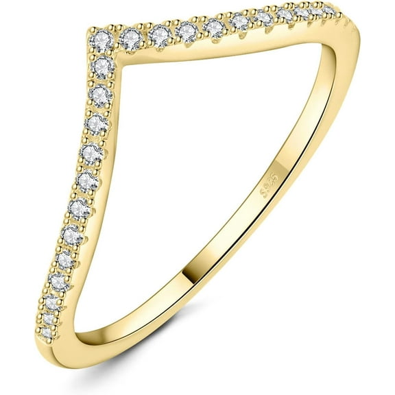 V Shape Round Cut Moissanite Wedding Band for Women, 14K White Yellow Rose Gold Plated 925 Sterling Silver Promise Ring for Her, Simulated Diamond Stackable Rings VVS D-F 2-Yellow Gold Plated 6
