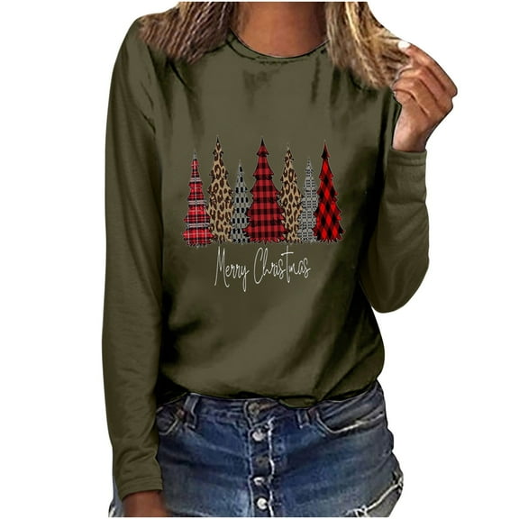 Odeerbi Christmas Tops For Women Long Sleeve Blouses MERRY CHRISTMAS Plaid Print 2025 Casual Round Neck T-shirt Olive Drab