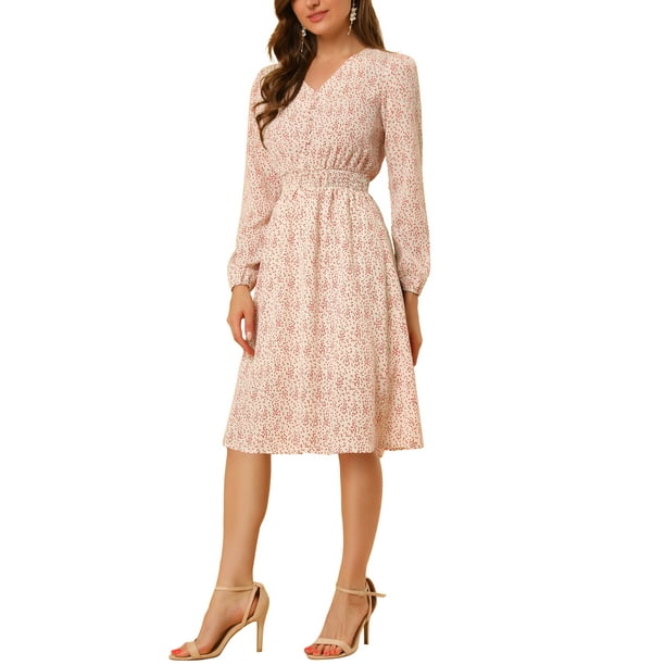 INSPIRAR CHIC Vestido Midi de Manga Larga con Estampado Floral en V Blanco-Rojo