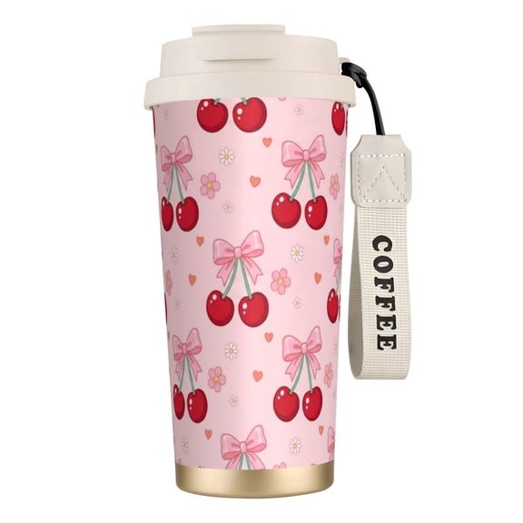 Bow Coffee Mug, 18oz Leak-proof Romantic Pink Cherry Tumbler with Handle, Versatile Travel Coffee Cup, Thoughtful Holiday Birthday Gift for Friends