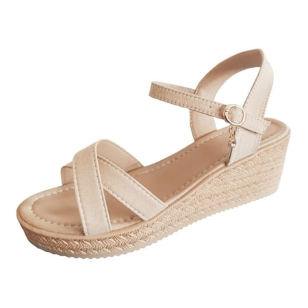 

RUICUW Ladies Summer Solid Colour Thick Bottom Rhinestone Pendant High Heel Buckle Large Size Slope Heel Sandals