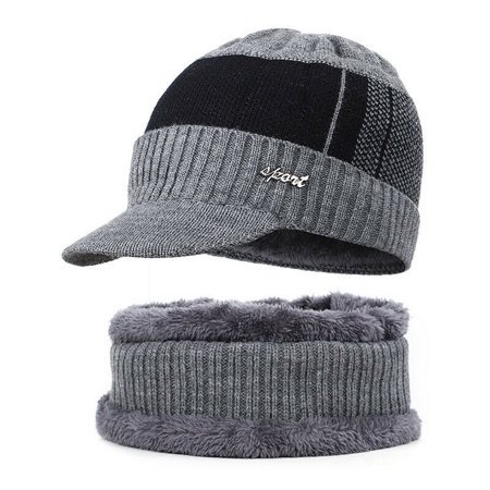 ZOELNIC Men Winter Warm Hat Scarf Set Knit Visor Beanie Fleece Lined Beanie with Brim Cap, Gray