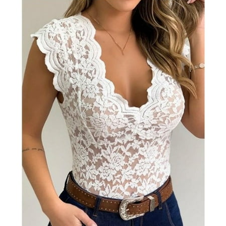 

Women Shirt Lace Shirt See Through Casual Slim Fit Tops Plus Size Short Sleeve Deep V Neck Temperament Trim Plunging Neck Lace Lingerie Top Vest Size S 5XL
