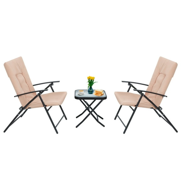 3-Piece Patio Dining Set, Outdoor Table Set for 2, Garden Bistro Dining Furniture, 1 Folding Glass Table and 2 Folding Reclining Chairs with Cushion (Beige)