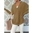 thumbnail image 4 of Women'S Long Sleeve Quarter Zip Pullover Sweater Casual Loose V Neck Collared Ribbed Knit Tops Brown M, 4 of 8