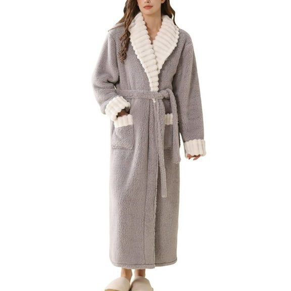 SWSMCLT Women's Fleece Robe Long Pjs Warm Oversized Sleeping Soft Wrap Fashion Pajamas Long Sleeve Lounge Comfy Grey X-Large-XX-Large