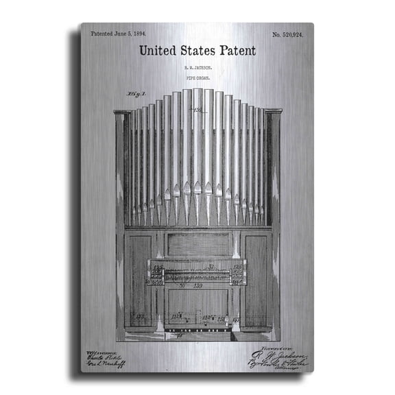 Luxe Metal Art 'Pipe Organ Blueprint Patent White' Acrylic Glass Wall Art, 12"x16"