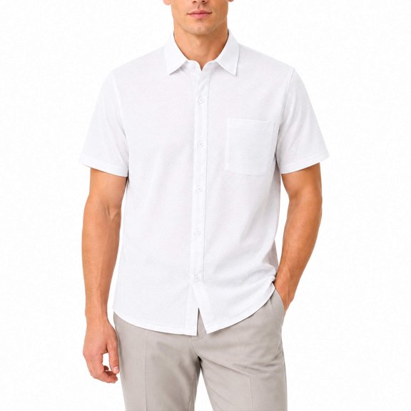 AZoiNM Men's Casual Knit Short Sleeve Button Down Shirt, Textured Jacquard Loose Fit Turn-Down Collar Summer Top with Chest Pocket