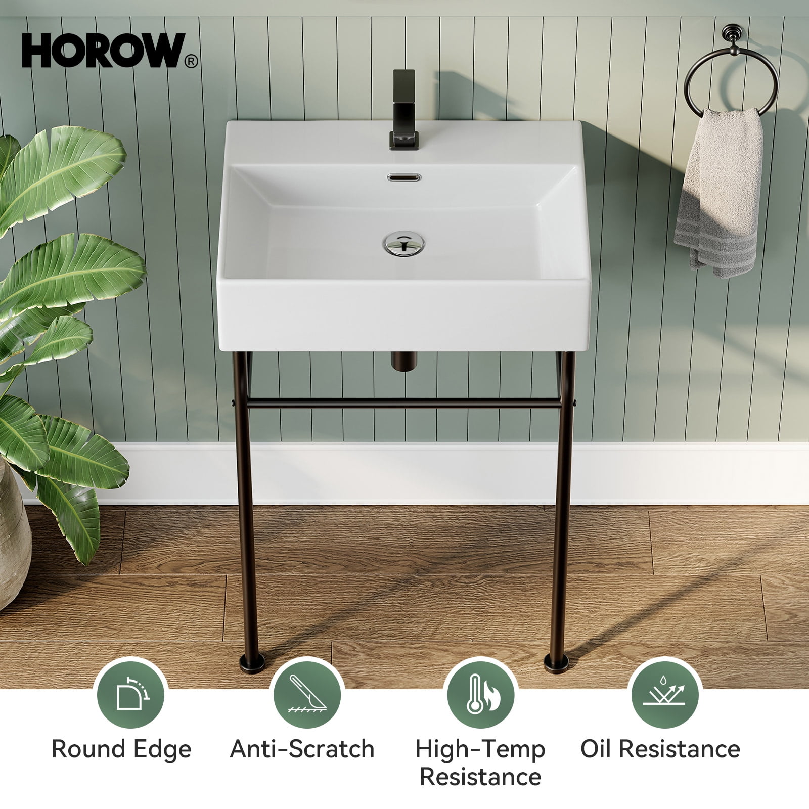 HOROW 24" Rectangular Console Bathroom Sink with Matte Black Stainless Steel Pedestal Legs