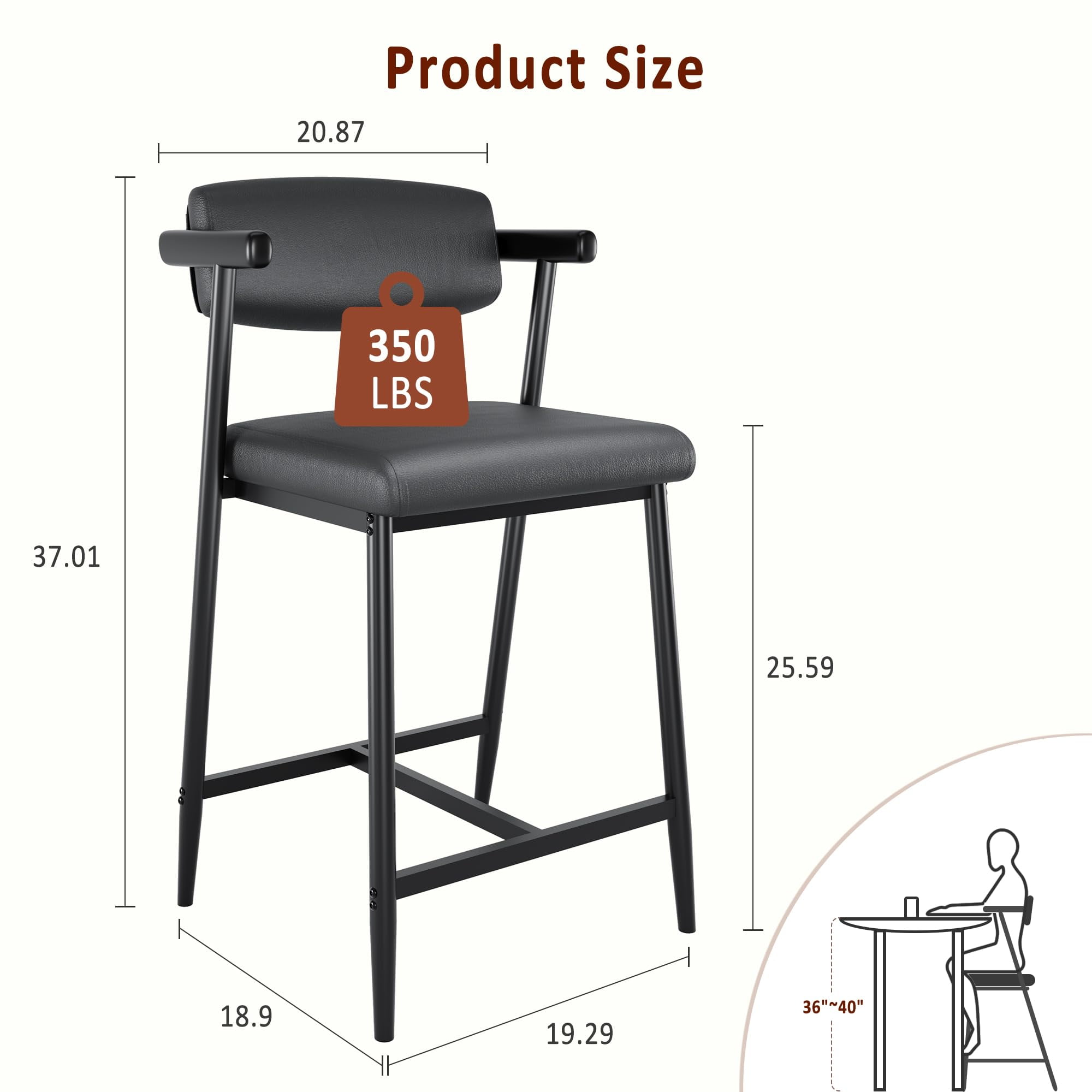 Kselythan Counter Height Bar Stools Set of 2,26" Upholstered Bar Stools With Back and Arms,Modern Bar Stools Set,Kitchen Counter Stools with Footrest and Wide Seat,Bar Chairs for Kitchen Island