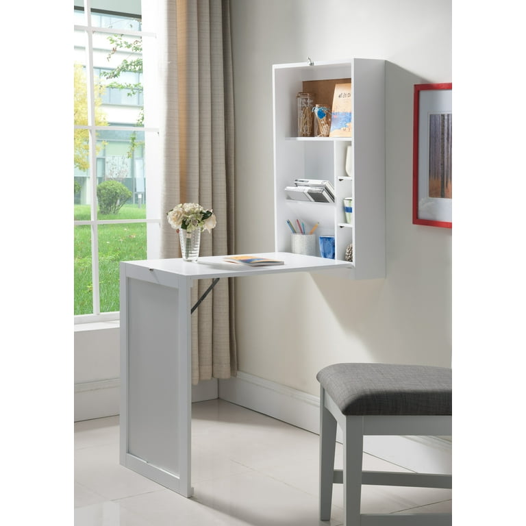Renata Wall Mounted Fold Out Convertible Workstation Desk White Wood With Chalkboard Shelves Contemporary
