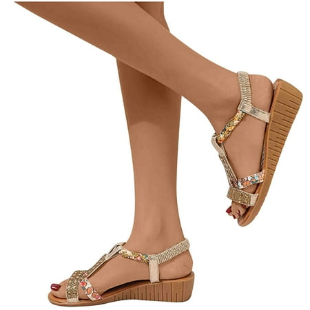 

Women Diamante Sandals Low Heel Ladies Prom Bridal Wedding Shoes Clearance Evening Party Occasion Wedge Heeled Open Toe Summer Strappy Dress Casual Bohemian Rhinestone Roman Sandals