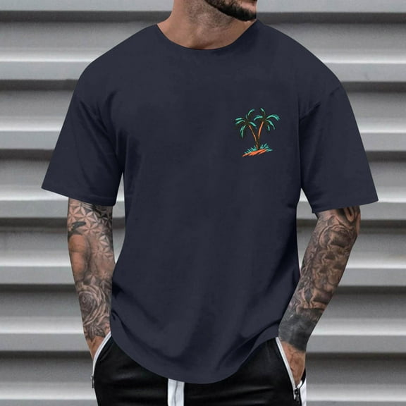 Fnnxeal Men's Oversized Palm Tree Graphic Tee - 2XL Navy, Big & Tall Stretchy Polyester Blend, Beach Casual T-Shirt