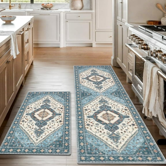 Kitchen Rug, Yamaziot Kitchen Rugs and Mats Set, Non Slip Washable Comfort Floor Standing Mat, Runner Rug for Hallway, Blue Carpet, 20"x31" 20"x59"