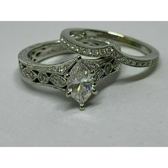 Silver Shop 14k White Gold Finish Marquise Cubic Zirconia Engagement Wedding Ring Set