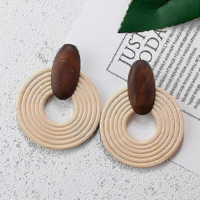 Wooden Straw- Weave Rattan Vine Braid, Geometric Long, Drop Earrings