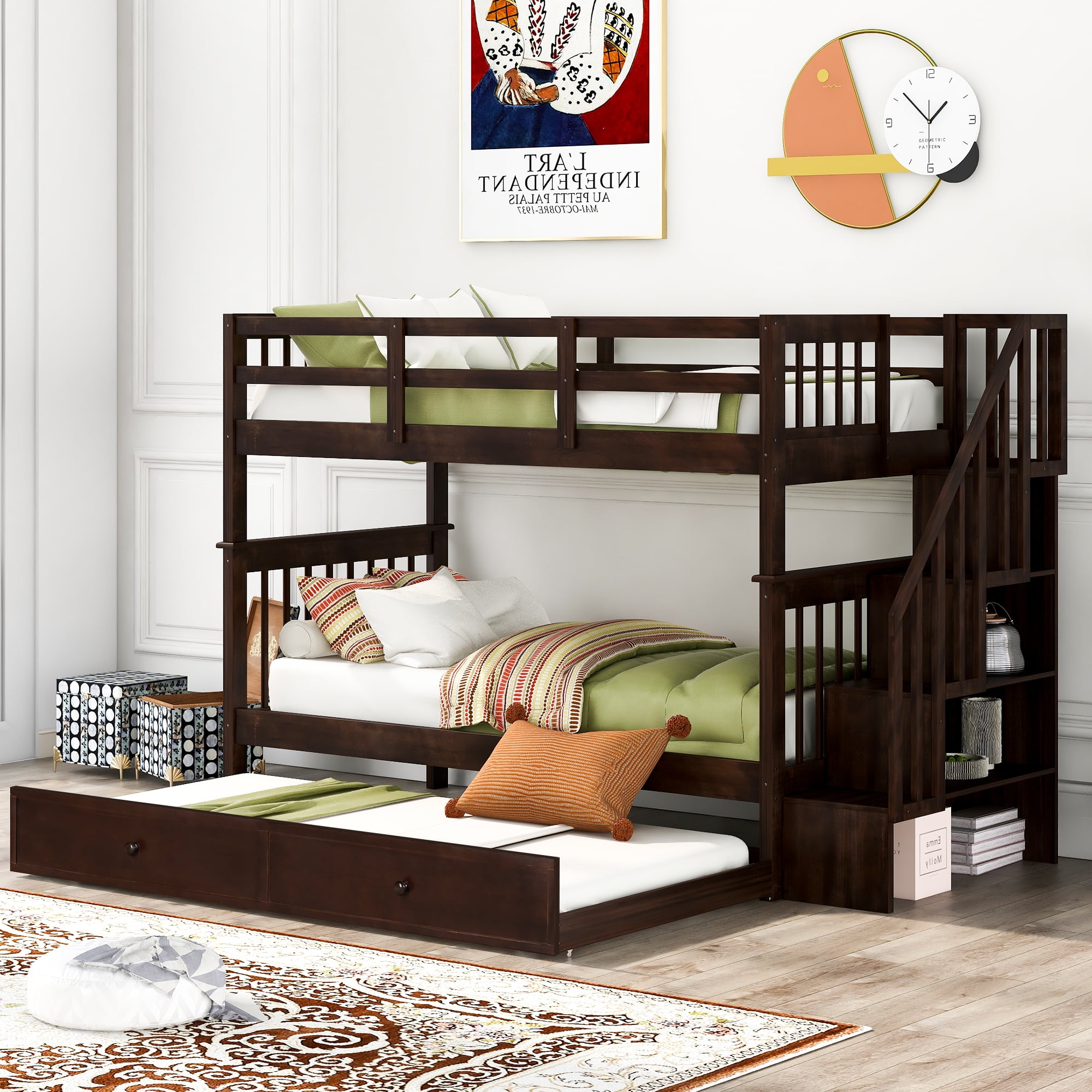, Twin Over Twin Twin Bunk Beds with Stairway no Trundle Full Length Guardrail Wood Bunk Beds for Kids Espresso