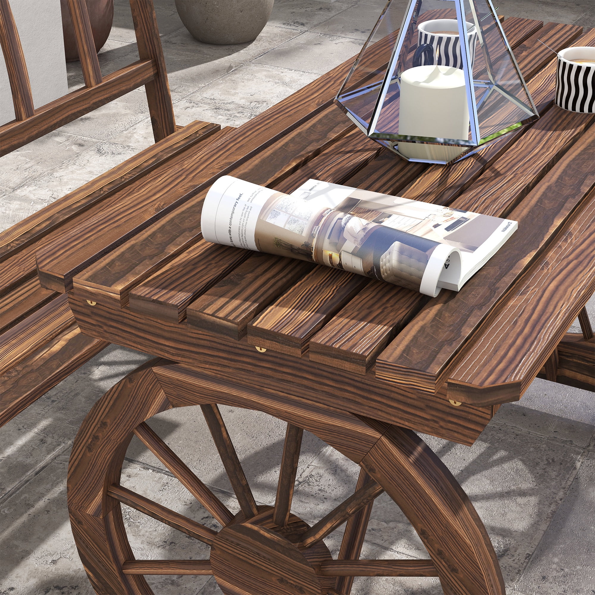Outsunny Outdoor Table and Chairs for 4 People, Wooden Furniture Set w/ Wagon Wheel Design for Backyard Garden, Deck, Carbonized