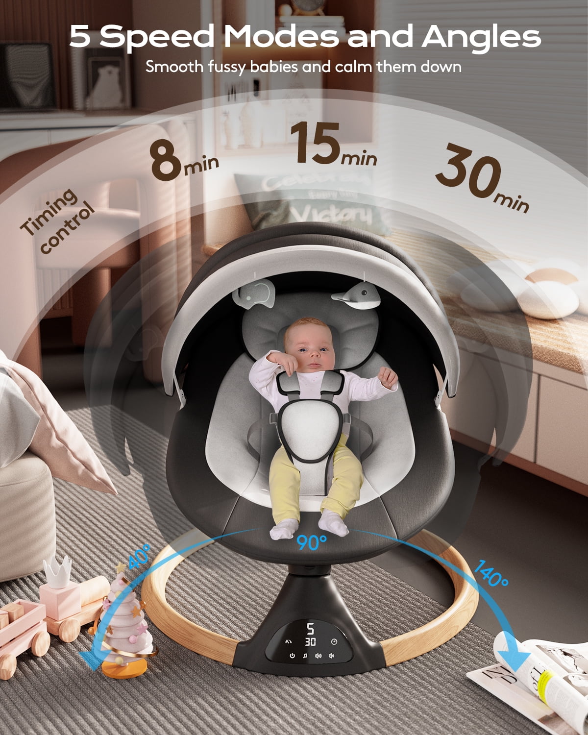 Babyomi Baby Swing for Infant, Electric Bluetooth Swing Rocker with 5 Sway Speeds& 10 nursery rhyme , Black