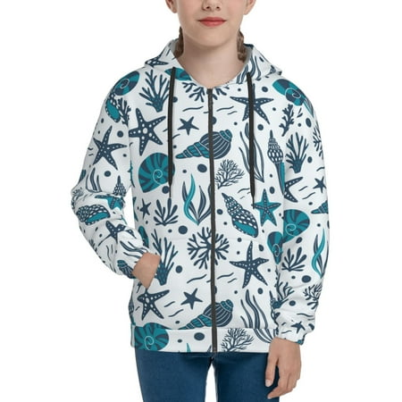 

Hoodies for Teen Girls Boys seashells starfish corals seaweeds Long Sleeve Youth Kids Essentials Zip Up Hoodie Lghtweight Fashion Hoodies & Sweatshirts Jacket Fall Winter Outfits Tops