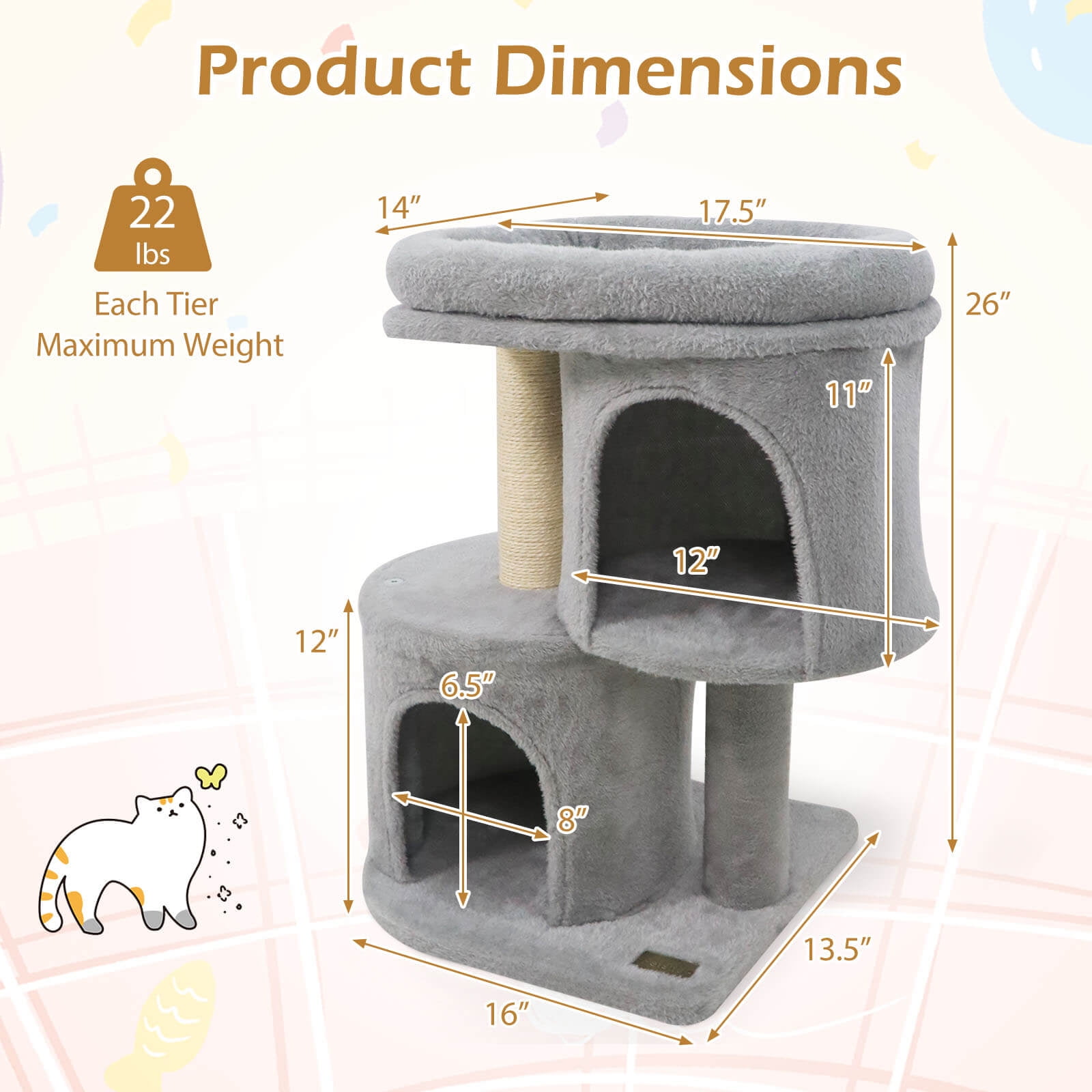 Costway 26” Small Cat Tree with Large Padded Plush Perch, 2 Condos, Sisal Scratching Posts Light Gray